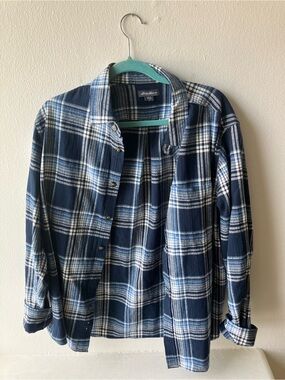 Eddie Bauer 100% Cotton Navy Blue & White Plaid Button-Down Shirt